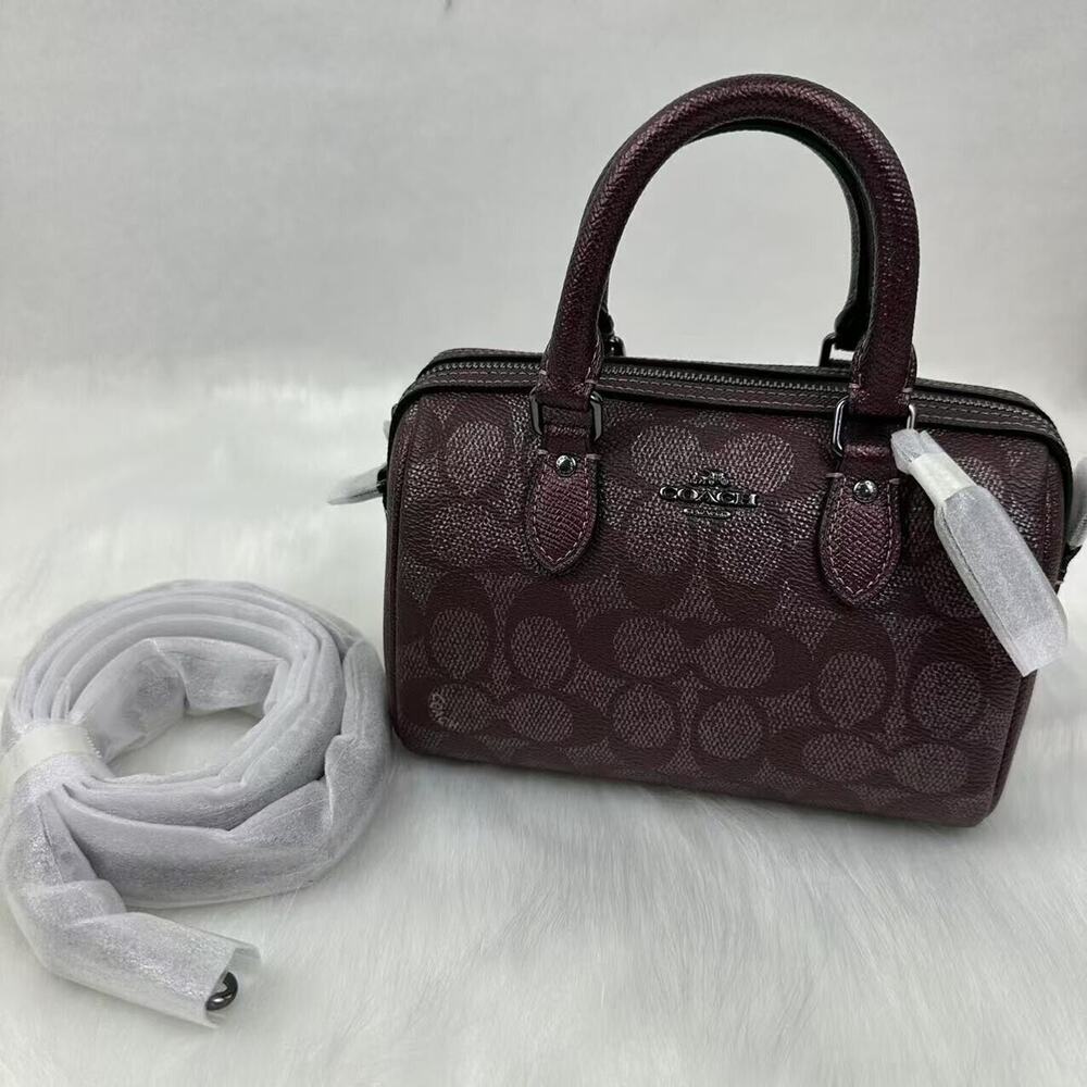 Coach Boxed Set Mini Rowan Crossbody Bag Mirror Charm Signature Canvas Wine NWT - Picture 8 of 13